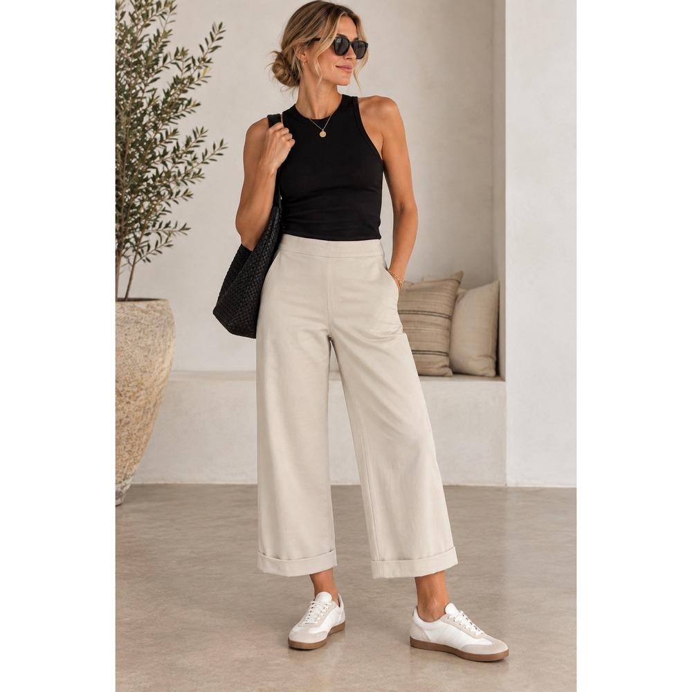 Lysse New York Beige Wide Leg Crop Pants Cuffed Stretch Cotton 3328 Medium